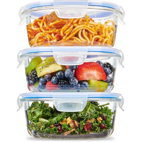 FineDine 6-Piece Superior Glass Food Storage Containers Set 32oz Capacity - Newly Innovated Hinged Locking lids - 100% Leakproof Glass Meal-Prep Containers Freezer-to-Oven-Safe (Blue)