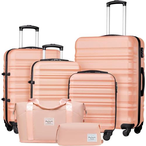 LONG VACATION 6 Piece Luggage Set Carry on Suitcase with ABS PC hardshell, Spinner Wheels & YKK Zipper TSA Lock (PINK, 6 piece set)