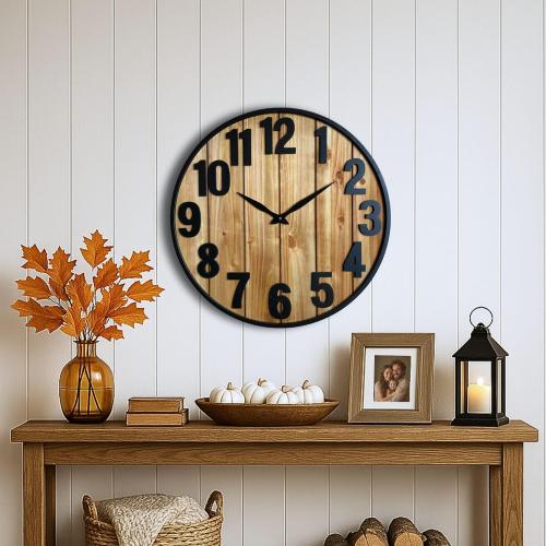 Montoire 24 Inch Wooden Farmhouse Wall Clock Large, Extra Large for Living Room Decor - Big Oversized Rustic Round Decorative Clocks for Walls, Battery Operated