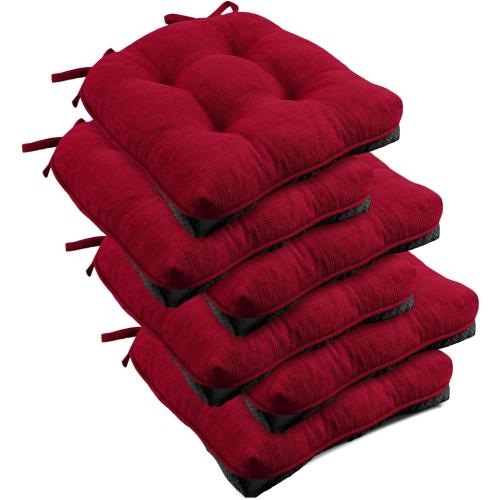 downluxe Indoor Chair Cushions for Dining Chairs, Tufted Overstuffed Textured Foam Kitchen Chair Pads with Ties and Non-Slip Backing, 15.5 x 15.5 x 4, Red, 6 Pack
