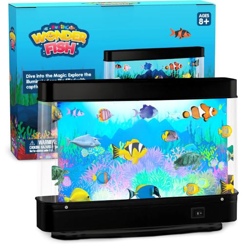 Artificial Fish Tank Virtual Ocean Toy - Mini Office Desk Aquarium Colorful Aquarium Motion Lamp Night Light with Moving Fish Fun Gift for Kids and Adults