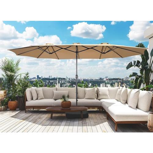 Bigroof 15ft x 9ft Patio Double-Sided Umbrella with Base & Crank, Extra Large Rectangular Outdoor Umbrella for Patio, Lawn & Garden, Beige