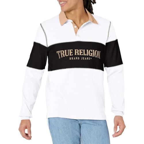 Size S True Religion Men's Flatlock Paneled Rugby Polo Shirt White, Black, and Khaki
