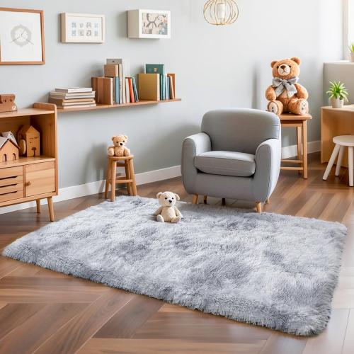 Size XL Color Grey Thick Area Rug Light Grey Fluffy Shag  for Bedroom, Soft Plush Fuzzy Shaggy Carpet, Thickened Washable Non Slip Cozy Furry Rugs for Living Room, Kids Baby Nursery Dorm, Tie-Dye Gray