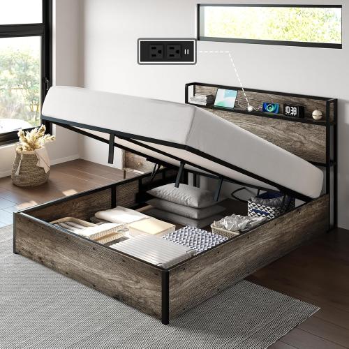 Size Queen Color smokey grey Lift Up Storage Bed Frame with LED Light & Outlet,
