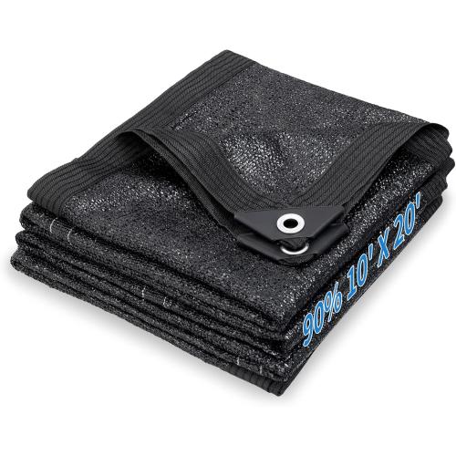 EMEKIAN 90% Black Sunblock Shade Cloth UV Resistant Sun Shade Canopy with Grommets 10 ft x 20 ft Outdoor Shade Mesh Cover Tarp for Garden Greenhouse Pergola Backyard Patio Flowers Plants