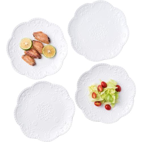 Jusalpha Set of 4- Embossed Lace Porcelain Plate-Dinner Plate Set, Pasta/Salad/Dessert Plate,Tableware Set for Restaurant Family Party Kitchen Use -4 Pieces, FD-PL15 (8 Inche, White)