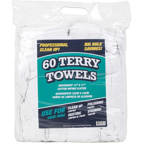 Arkwright TT60 Terry Cloth Towels for Cleaning - (Pack of 60) 100% Cotton Washable Heavy Duty Bar Mop Absorbent & Quick Drying Bag of Rags for Kitchen Auto Shop and Garage 14 x 17 in White