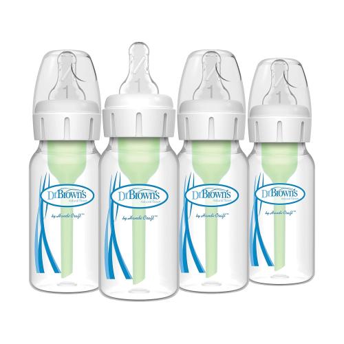 Dr. Brown's Natural Flow Anti-Colic Options  Narrow Baby Bottle, 4 oz/120 mL, with Level 1 Slow Flow Nipple, 0m , 4 Bottles