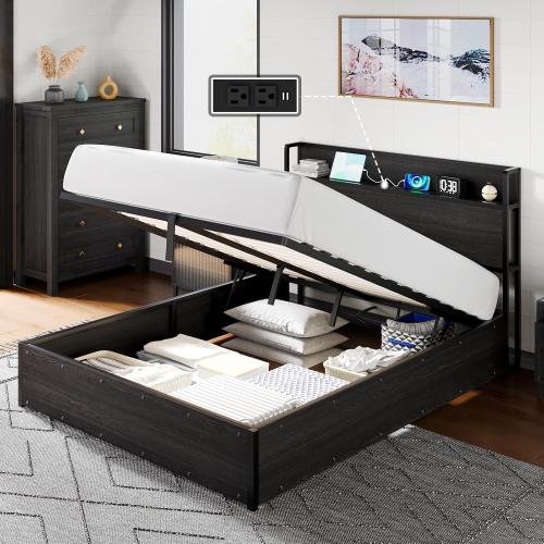 Size Full Color Black  Size Lift Up Storage Bed Frame, Wooden Platform Bed Frame with Lifting Storage & Charging Station, No Spring Box Needed/Noise Free, Black