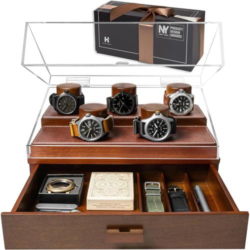 Black Holme & Hadfield Premium 5-Slot Wooden Watch Display Case – Handcrafted Men’s Watch Box with Accessory Drawer, Hinged Cover, Leather Lining–Christmas Gift for Collectors–Luxury Built to Last