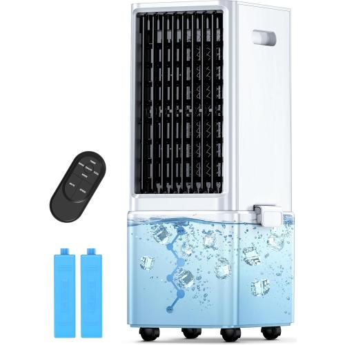 Color White Windowless Air Conditioner w/4 Modes & 3 Speeds, Waterless Alert, 2.4-Gal Tank for 20H Cooling, 12H Timer, 20FT Remote, 70° Auto Swing Evaporative Air Cooler for Room Bedroom Office, Off White