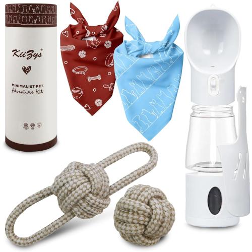 KiiZYs Dog Travel Essentials for Puppies Accessories – Red Bandana Blue Scarf - Pet Water Bottle Portable Walking - New Dog Gifts Moms Women Pet Supplies Teething Toys