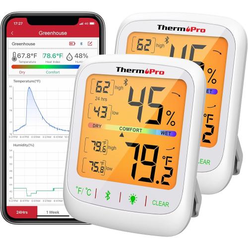 ThermoPro Bluetooth Hygrometer Thermometer 260FT Wireless Remote Temp and Humidity Meter with Large Backlit LCD Data Storage and Export Temperature and Humidity Monitor Max Min Records 2 Pack