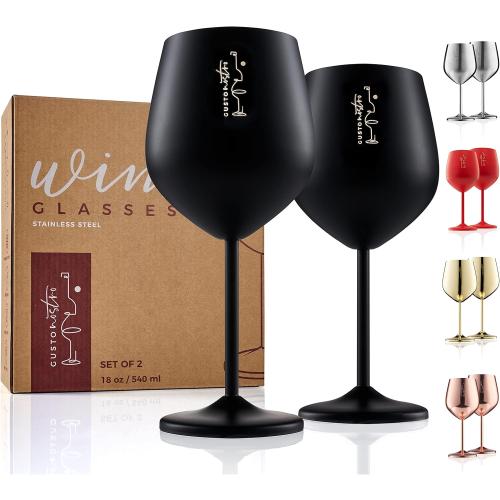 Gusto Nostro Stainless Steel Wine Glass - 18 oz - Unbreakable Black Wine Glasses for Travel, Camping and Pool - Fancy, Unique and Cool Portable Metal Wine Glass for Outdoor Events, Picnics (Set of 2)