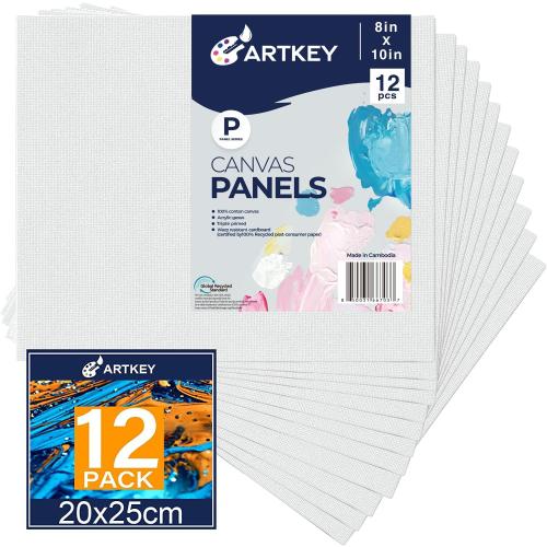 Artkey Canvases for Painting 8x10 Inch 12-Pack 10 oz Primed 100% Cotton White Blank Canvas Boards for Painting Art Supplies Paint Canvas Panels for Acrylic Oil Watercolor Tempera Paints