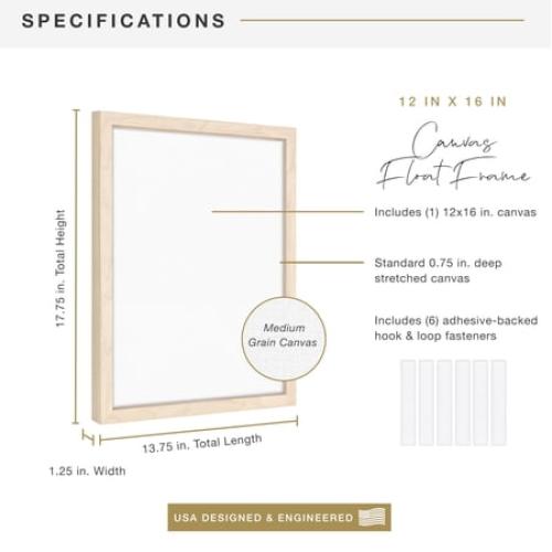 MCS Canvas Float Frames 16x20 Frame, Black Frame for Finished Canvases, Vertical & Horizontal Wall Hanging Large Frame with Adhesive for Canvas Paintings (1-Pack)