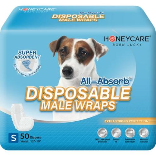 Honey Care All-Absorb A26 Male Dog Wrap, 50 Count, Small,Super Absorbent, Breathable, Wetness Indicator