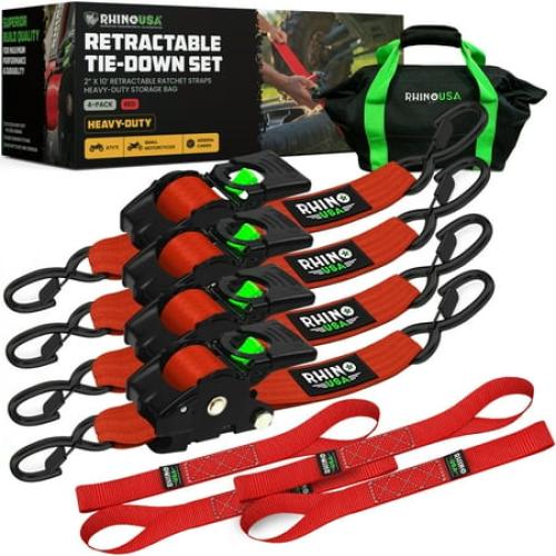 4 Pack 2x10 Black Rhino USA Heavy Duty 2 x 10' Retractable Ratchet Straps 3,033lb Break Strength (Red 4-Pack)