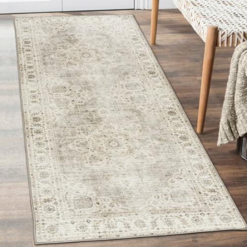 ReaLife Machine Washable Rug - Stain Resistant, Non-Shed - Eco-Friendly, Non-Slip, Family & Pet Friendly - Made from Premium Recycled Fibers - Vintage Bohemian Medallion - Beige Ivory, 2'6 x 8'