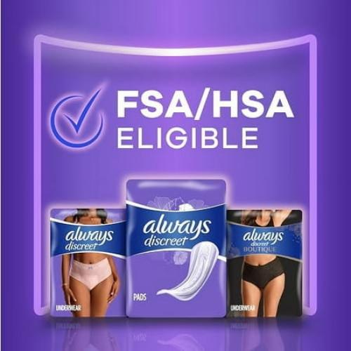 Always Discreet Adult Incontinence Pads for Women, Heavy Absorbency, Long Length, Postpartum Pads, 64 CT