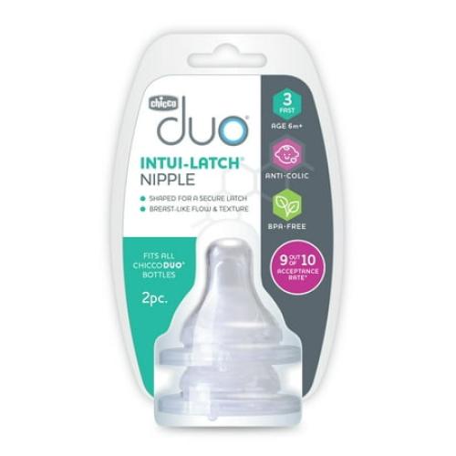 Chicco Duo 100% Silicone Intui-Latch Baby Bottle Nipple with Anti-Colic Valve, Skin-Like Texture and Breast-Like Flow, Stage 3 - Fast Flow, 2pk, 6  Months - Clear, New 3pk