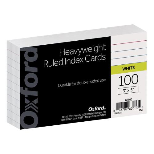 Oxford Heavyweight Ruled Index Cards 3 x 5 White 100 Per Pack (63500)
