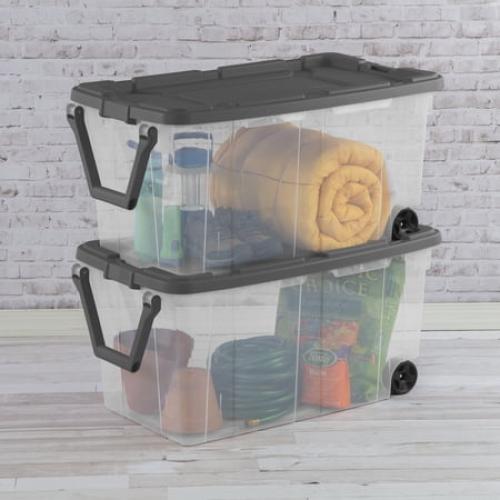Sterilite 160 Quart Extra-Large Wheeled Storage Bin, Clear Storage Container with Latch Lid and Pull Handle, Durable, Dark Gray