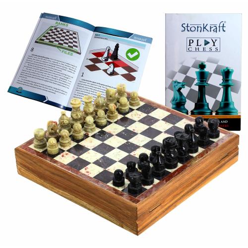 StonKraft - 8 X 8 Chess Board with Wooden Base with Stone Inlaid & Stone Pieces Game Set