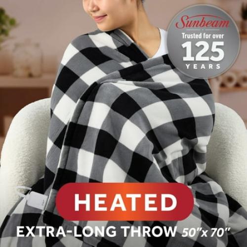 Sunbeam Electric Heated Throw Blanket Black/White Plaid Microplush Faux Shearling 4 Heat 50x70
