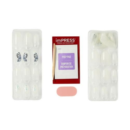 KISS imPRESS Design Press on Nails, Dazzle, White, Medium Almond, 30 Count