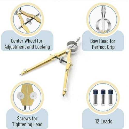 Mr. Pen- Professional Compass for Geometry, Gold with Extra Leads, Metal Compass with Lock, Drawing Compass, Geometry Compass, Math Compass, Compass Drawing, Drafting Compass, Drafting Tools