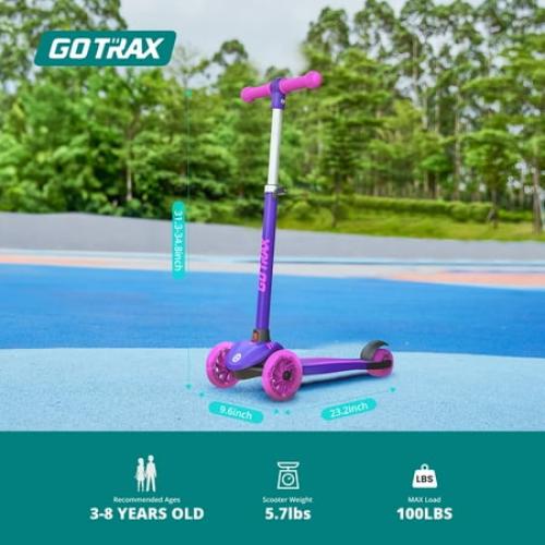 Color purple GOTRAX KS1 Kids Kick Scooter, Toddler Scooter 3 Wheel with LED Lighted, 3 Adjustable Handlebars, Suitable for Boys and Girls Ages 2~8 Children and Max Load 100 lbs, Purple