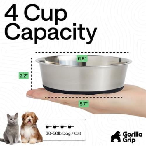 GORILLA GRIP Dog Bowl Set of 2, Holds 4 Cups, Food Grade 304 Stainless Steel, Silicone Base, Black