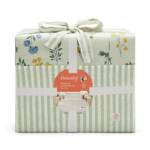 Beautiful 100% Cotton Botanical 3-Piece Sage Green Comforter Set, Full/Queen by Drew Barrymore