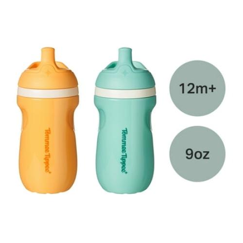 Tommee Tippee Insulated Sporty Bottle, 9oz, 12 Months , No Spill Toddler Water Bottle, Two-Piece Valve Helps Stop Spills, Blue & Orange, 2 Count