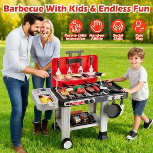 JUGAAD LIFE 43 PCS Kids BBQ Grill Playset, Pretend Play Kitchen Toy Set, Barbecue Toy with Wheels, Sound Light, Outdoor Food Toys Cooking Set for Toddler, Birthday Gift Boys Girls