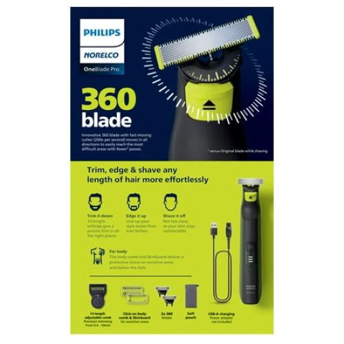 Philips Norelco Oneblade 360 Pro Hybrid Face & Body Men's Rechargeable Electric Shaver QP6542/70
