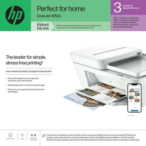 HP DeskJet 4252e Wireless All-in-One Color Inkjet Printer (White), Scanner, Copier, 3 months Free Instant Ink