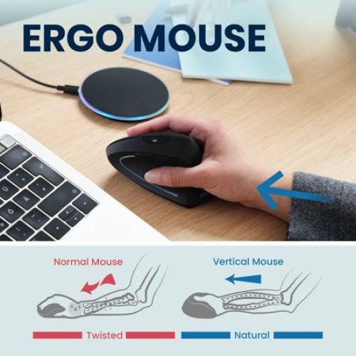 Perixx PERIMICE-713RX Wireless Rechargeable Vertical Mouse - Duo Wired and Wireless Charging Feature - Wireless Charging Pad Included - 6 Buttons Design - Black - Right-Handed Design
