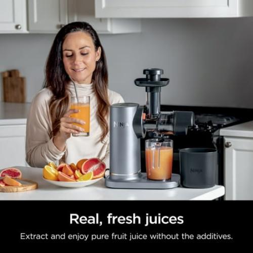 Ninja NeverClog 150W Cold Press Juicer with 18oz Jug, 30oz Pulp Container, 2-Speed, Compact, Red