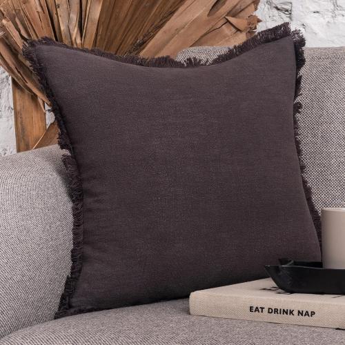 INSPIRED IVORY Linen Throw Pillow Cover 20x20 Inch - Charcoal Grey Throw Pillow Cover with Tassels - Decorative Soft Solid Cushion Cover for Sofa Couch Bed Decor Single Sham (50x50cm)