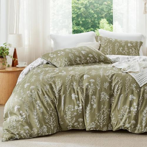 Bedsure Queen sheet Set - Olive Green Bed Set, 3 Pieces Cute Floral Bedding, 1 Soft Reversible Botanical Flowers Comforter and 2 Pillow Shams