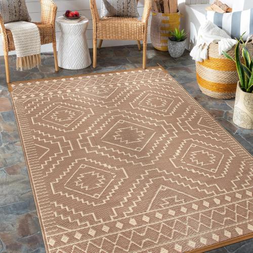 Wonnitar 9x12 Outdoor Rug, Large Waterproof Reversible Plastic Straw Rug for Patios, Indoor/Outdoor Area Rug Lightweight Camping Rug for Outside RV Balcony Garden Deck, beige & brown