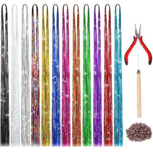 FEBSNOW 47 Inches Tinsel Hair Extension with Tool 2400 Strands 12 Mixed Colors Hair Extension Tinsel Kit Glitter Hair Extensions for Women Girls Hair Accessories for Christmas Halloween Cosplay Party