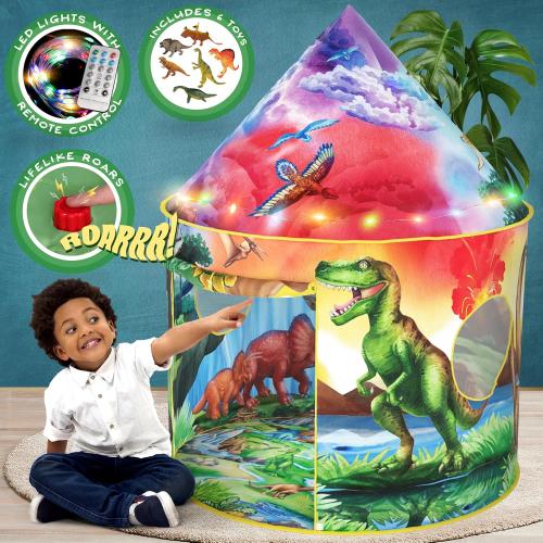 W&O Dinosaur Discovery Kids Tent with Roar Button, Dinosaur Toys and LED Lights - Epic Pop Up Tent for Boys & Girls - Perfect for Indoor & Outdoor Adventures 02 - Dino Discovery LED
