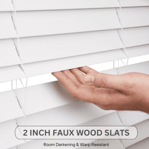 Lotus & Windoware Cordless 2 Faux Wood Room Darkening Horizontal Blind, 35 W x 60 L, Smooth, Snow White