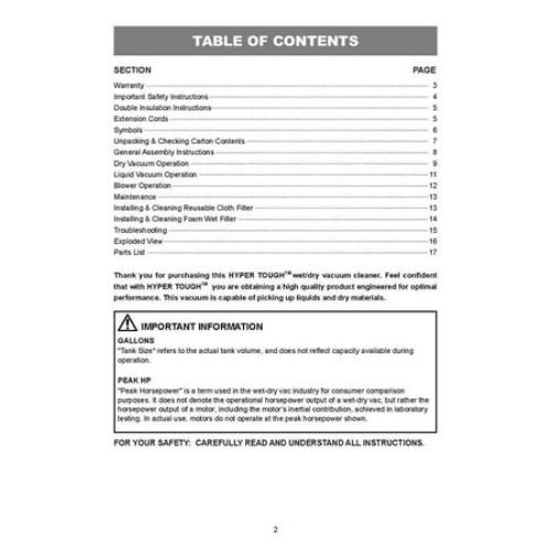 Hyper Tough 1.5 Gallon 2 Peak HP Poly Wet/Dry Vacuum, VH105 3502, New