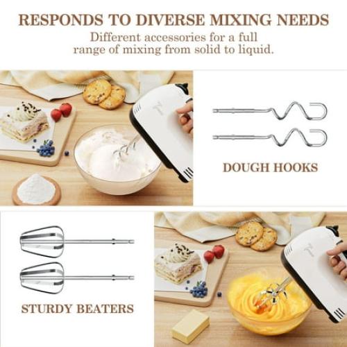 TINANA 7 Speed Hand Mixer Electric Handheld with Stainless Steel Beaters & Dough Hooks, Cookie Mixer with Turbo Boost, Food Beater for Kitchen Baking Cakes, Eggs, Cream, White