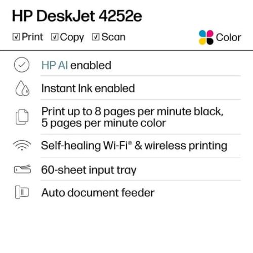 HP DeskJet 4252e Wireless All-in-One Color Inkjet Printer (White), Scanner, Copier, 3 months Free Instant Ink